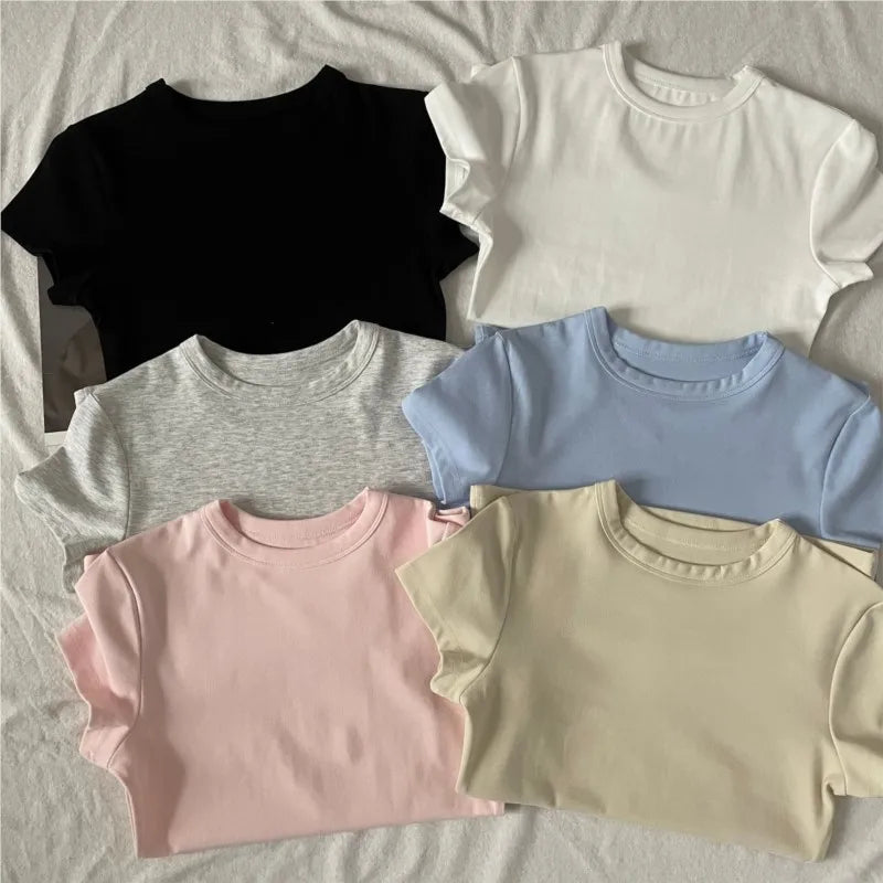 Pink O-neck Cotton T-shirts Women Summer New Streetwear Casual Basic Slim Short Sleeve Tees Simple All-match Tshirt Y2K Tops
