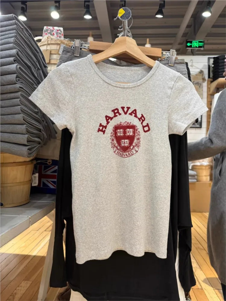 Letter Print Slim T-shirt Women Preppy Style O-neck Short Sleeve Cotton Tee Shirts American Vintage Harvard Pattern  Crop Tops