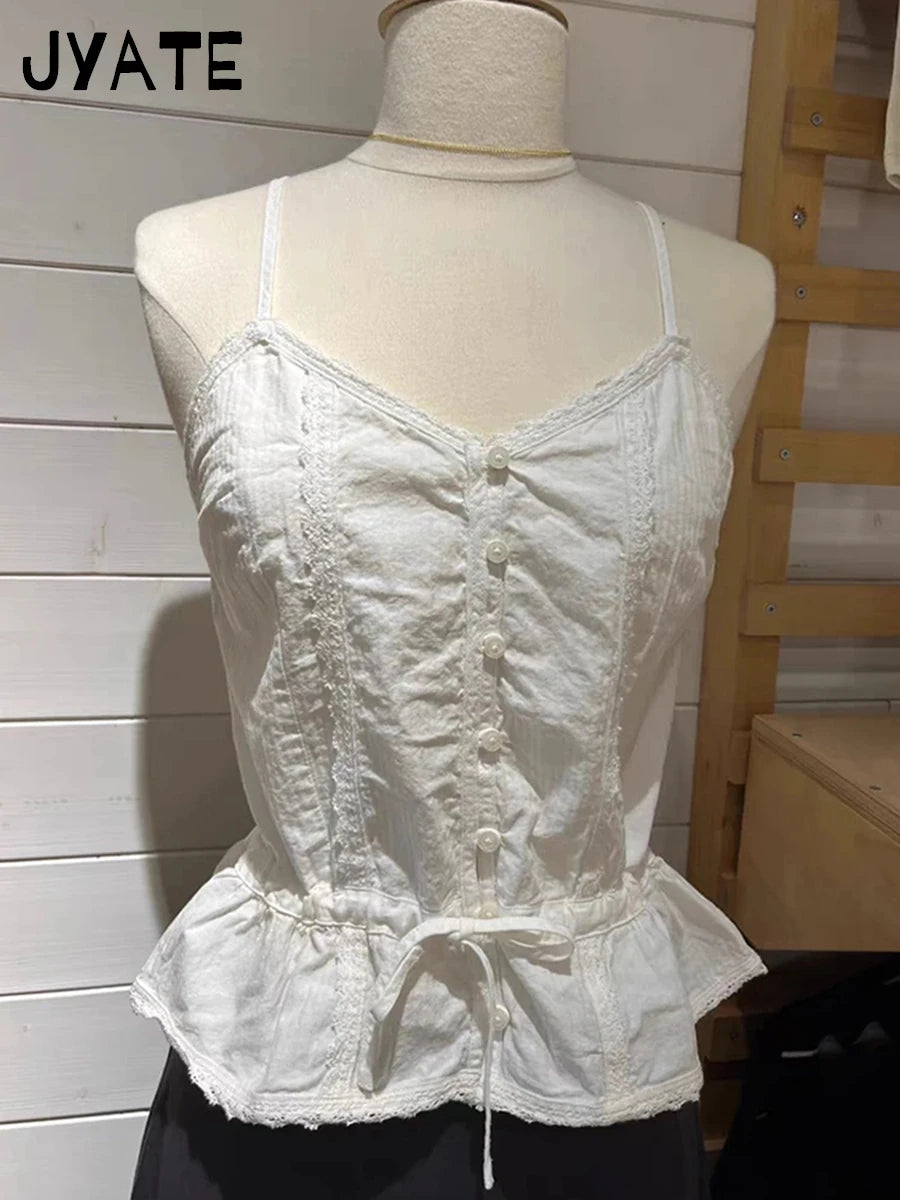Sweet Pink Hollow Out Strappy Tank Tops Women Summer New Cotton Slim Ruffles Buttons Cropped Vests Vintage Sexy Chic Camis Y2K