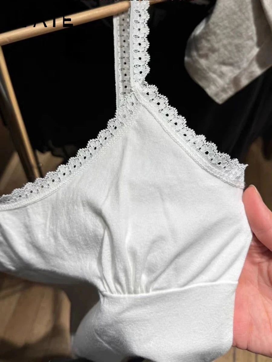 New White Lace Trim U-neck Tank Tops Women Summer Simple Slim Soft Casual Folds Sleeveless Vests Sweet Cute Vintage Camisole Y2K
