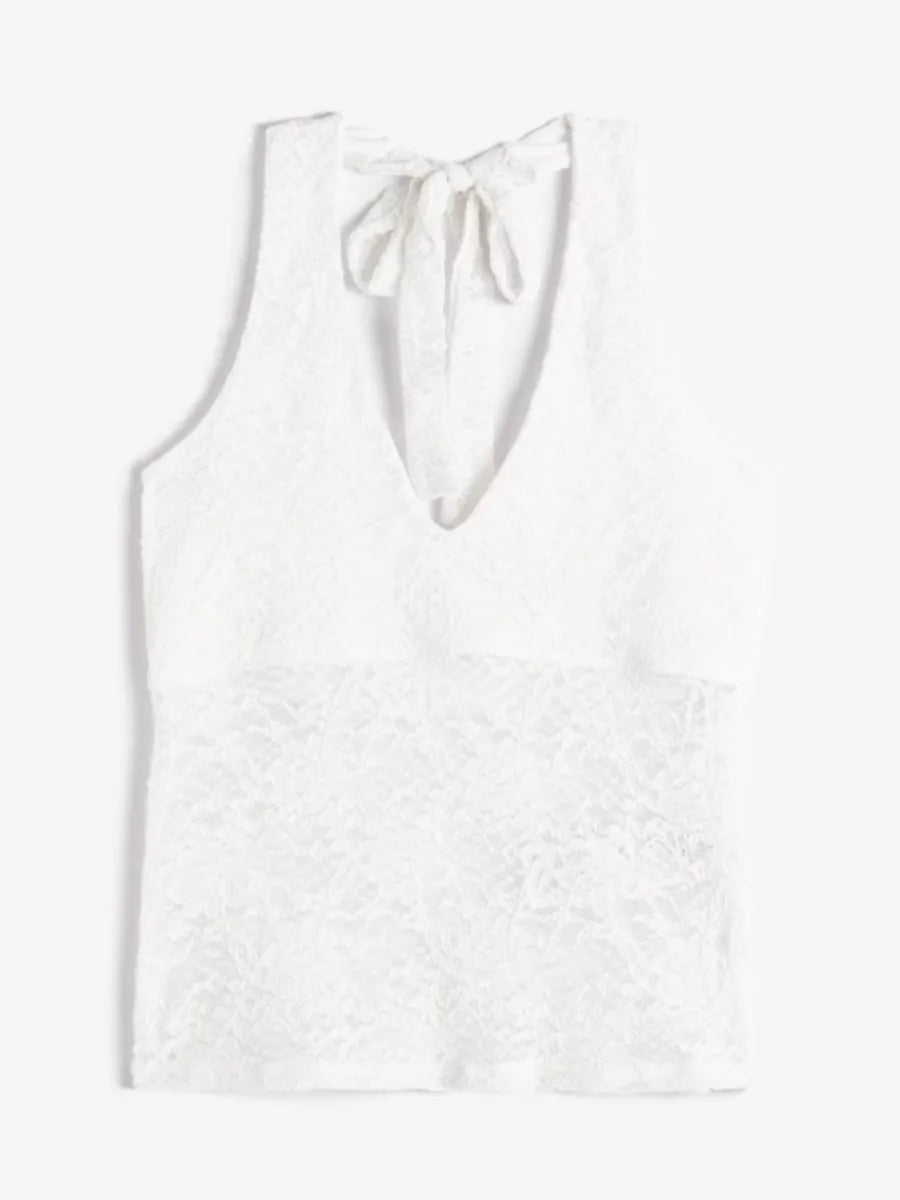 Lace See Through Halter Neck Tank Tops Women New Casual Sexy Streetwear Cotton V-neck Sleeveless Vests Sweet Chic Vintage Camis