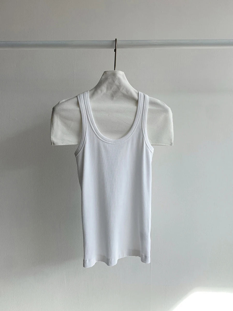 Solid U-neck Slim Sleeve Tank Tops Women Summer Casual Simple Ribbed Cotton Vests Girl Sweet Basic Y2K Preppy Style Camisole New