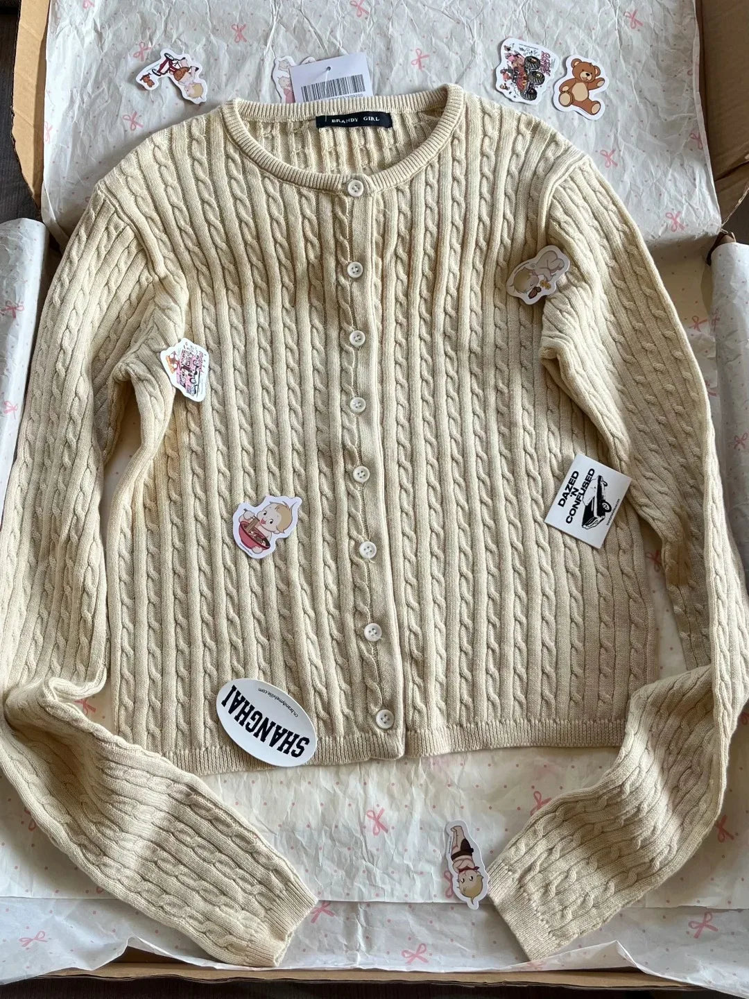 Twist flower Knitted Sweater Cardigan Crew Neck Single Breasted Long Sleeve Slim Coat Vintage Streetwear Simple Crop Top Y2K