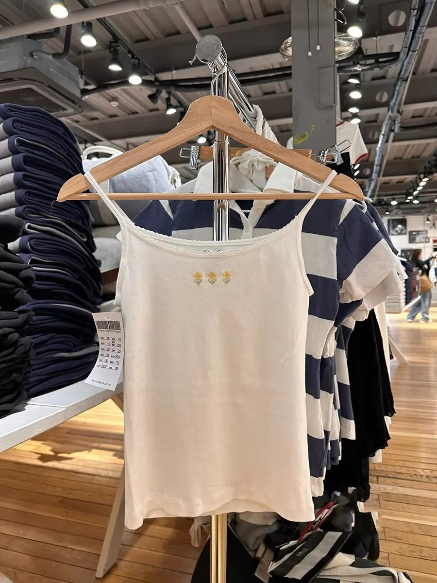 Three Floral Embroidery Slim Tank Top Women Preppy Style Lace Trim Cotton Camisole Female Vintage Sweet Cute Crop Top Y2K Vests