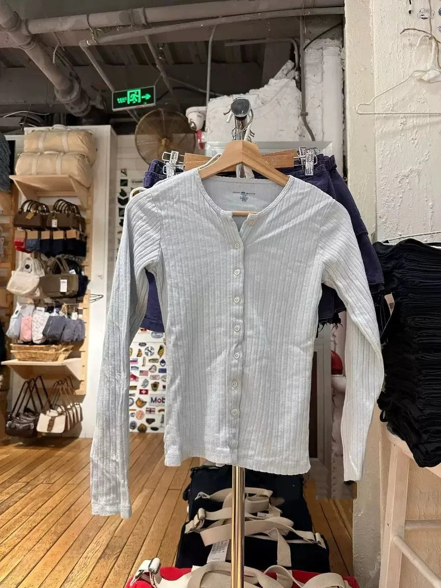 Blue Eyelet Long Sleeve Tee Women Casual Cotton Slim O-neck Single Breasted T-shirt Female Cute Sweet Preppy Style Tshirt Tops