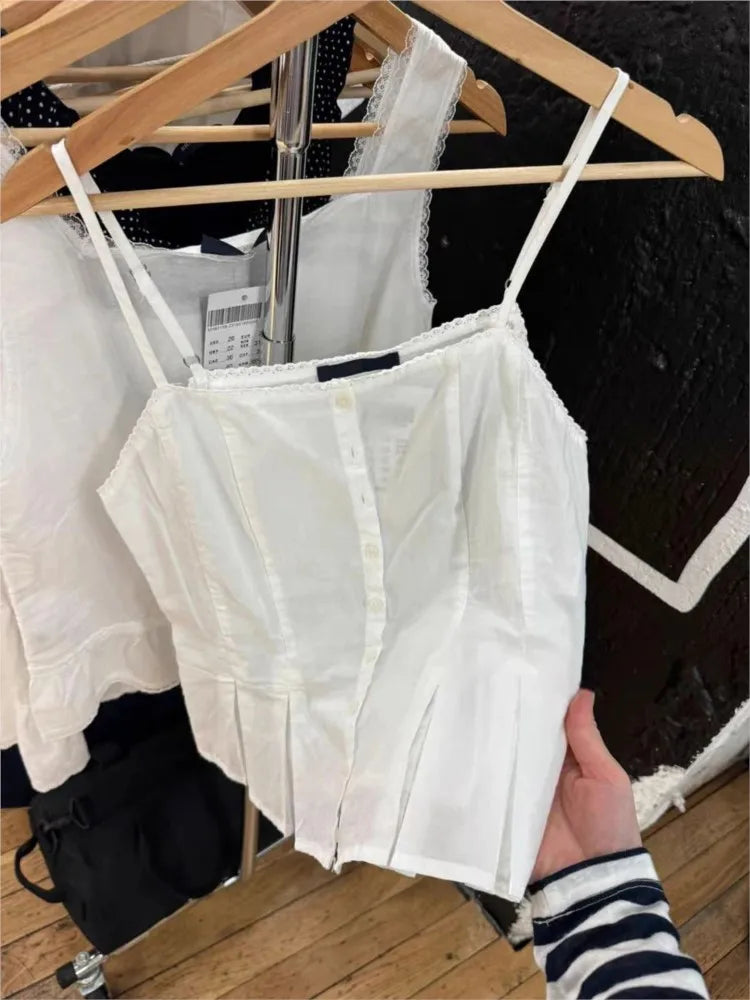 New White Folds Lace Trim Tank Top for Woman Summer Simple Single Breasted Slim Camisole Female Sweet Preppy Style Vest Y2k Tops