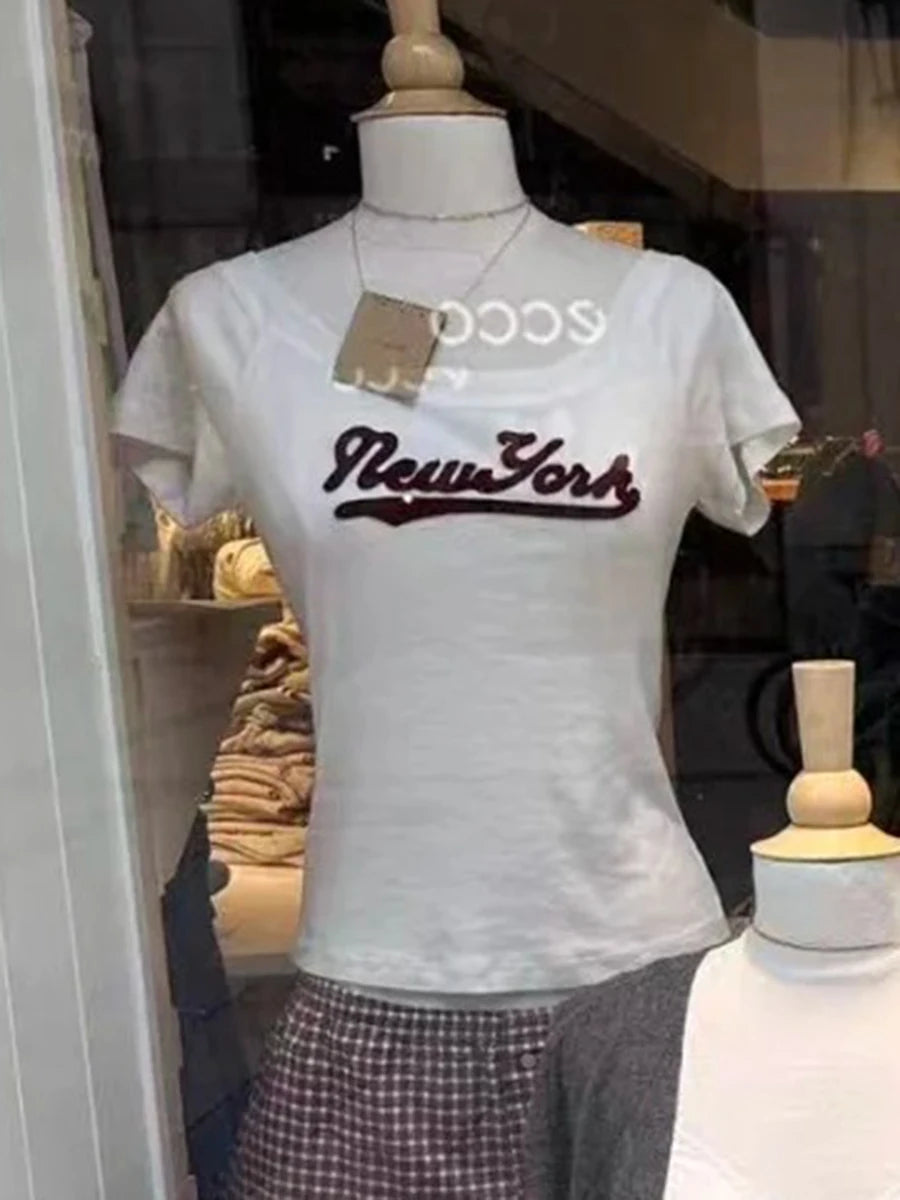 Letter Embroidery Slim Crop Top Women Casual Slash Neck Cotton Short Sleeve T-shirts American Vintage Streetwear Sweet Tee Tops