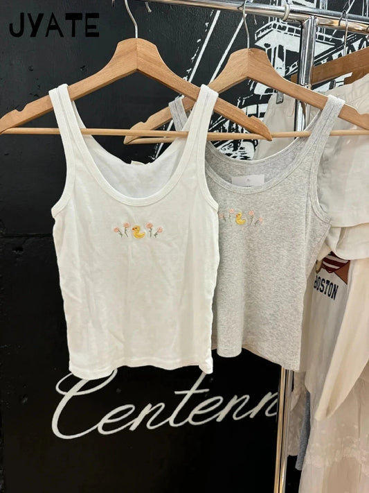 Cute Duck Daisy Embroidery U-neck Tank Tops Women New Cotton Casual Preppy Style Sleeveless Vest Sweet Vintage Chic Camisole Y2K