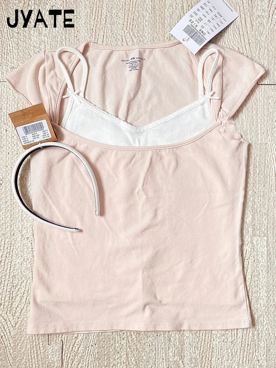 New Sweet Pink Cotton Crimping Short Sleeve Tees Women Summer Casual Simple Square Collar Crop Tops Vintage Basic Y2K T-shirts