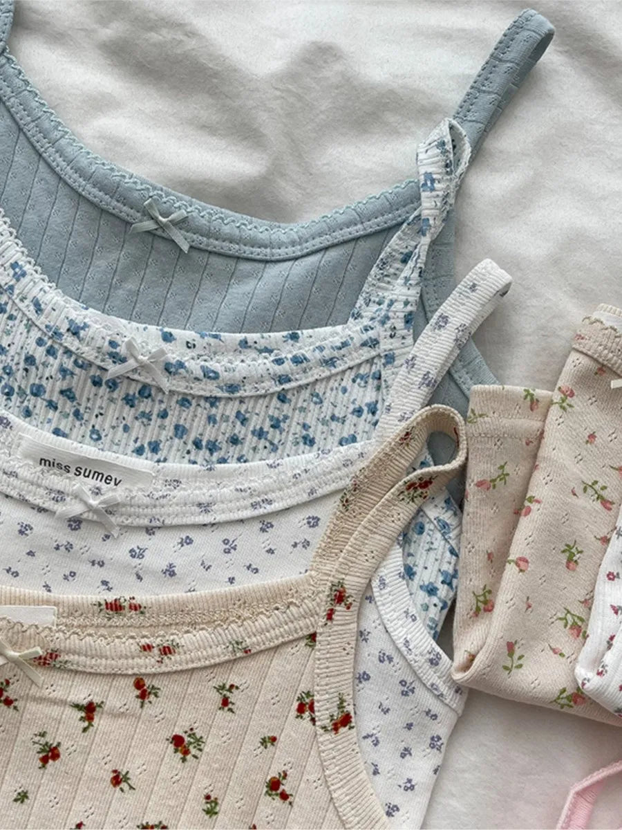 Lace Trim Solid Slim Eyelet Tank Tops Women Summer New Bow Preppy Style Sleeveless Vests Basic Sweet Cute Camisole Y2K Clothes
