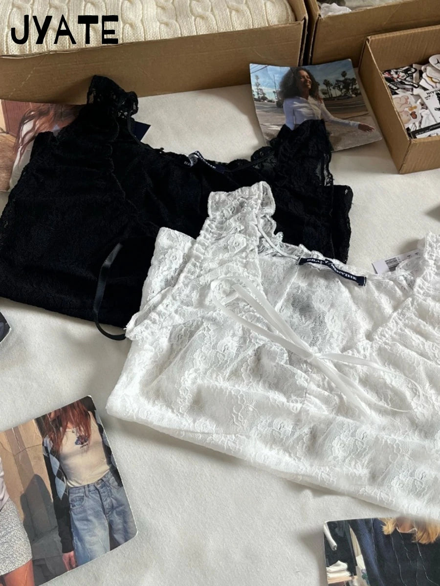 White Lace See Through Bow Sleeveless Vests Women Summer New Slim Casual V-neck Crop Tops FemaleSexy Vintage Sweet Tank Top Y2K