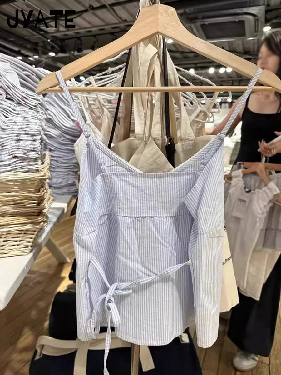 New Blue Striped Buttons Tank Tops Women Summer Casual V-neck Lace Trim Sleeveless Vests Sweet Vintage Preppy Style Camisole Y2K