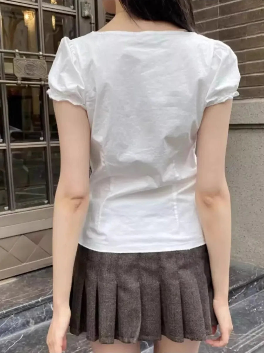 White Lace Trim Buttons Short Sleeve Tee Women Cotton Casual V-neck Preppy Style Tops Sweet Vintage Chic Cute T-shirts