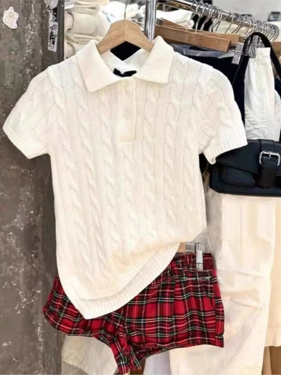 Sweet Solid Knitted T-shirt Shorts Set Women Short Sleeve Tee+Straight Sweatshorts Casual Preppy Style Home Pajama 2 Piece Sets