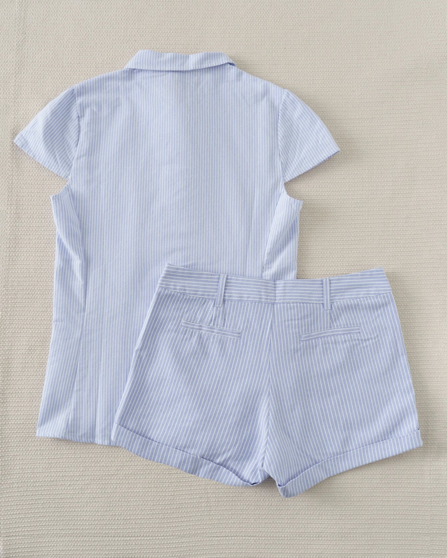 Blue Striped Blouse T-shirt Short Set Women Summer Buttons Slim Tees+Straight Sweatshorts Outfits Sweet Home Pajama 2 Piece Sets