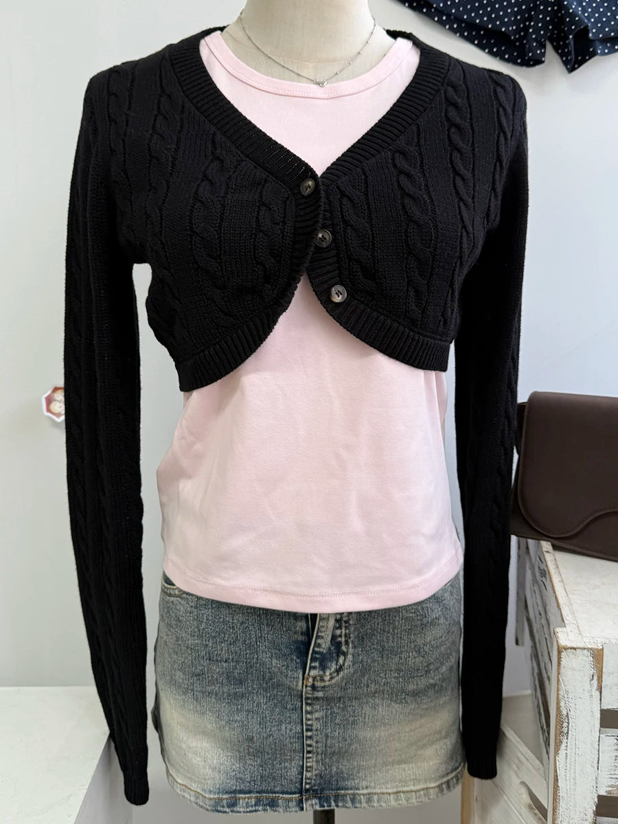 Cropped Knitwear Women Cotton Twisted Flower V-neck Long Sleeve Slim Crop Tops Sweater Vintage Chic Sweater Cardigan