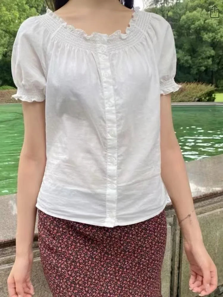 White Fungus Short Sleeve T-shirts Women Summer New Casual Streetwear Buttons Tees Female Elegant Sweet Cute Tshirt Y2K Tops