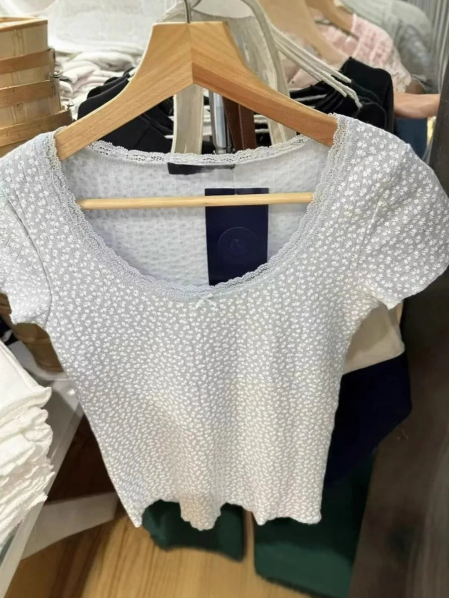 Lace Trim Floral Short Sleeve Tees Women Summer New Casual Cotton Blue Bow O-neck Top Tshirt Sweet Preppy Style Cute T-shirt Y2K