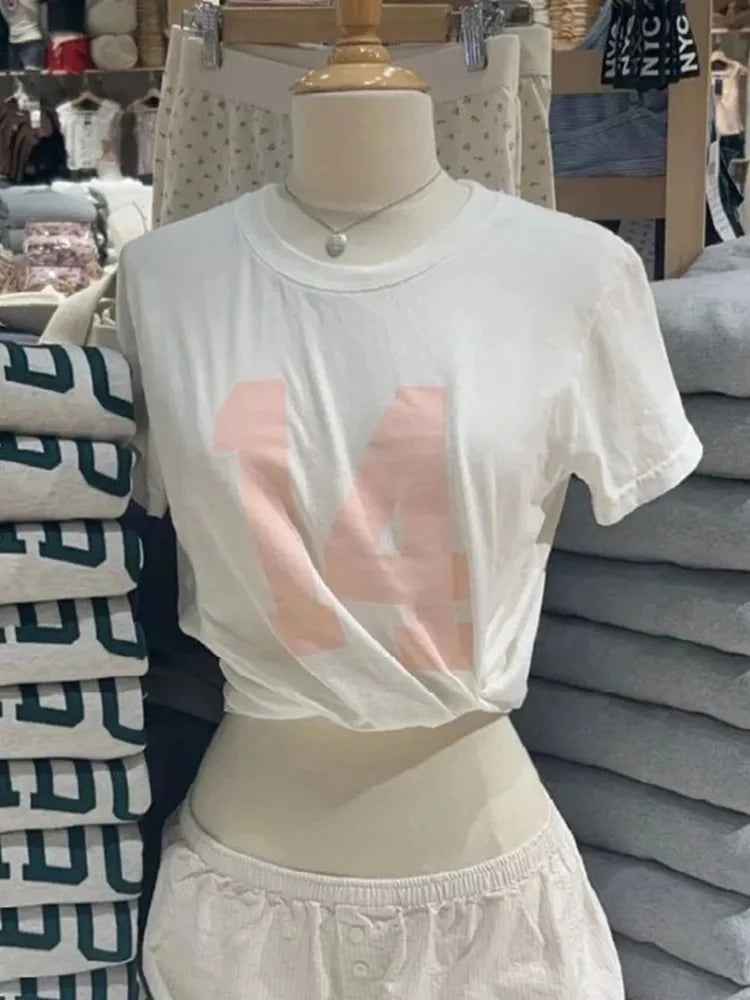 Sweet Pink 14 Print O-neck Short Sleeve Tees Women Summer Cotton Soft Streetwear Preppy Style T-shirt Casual Cute T-shirts Y2K