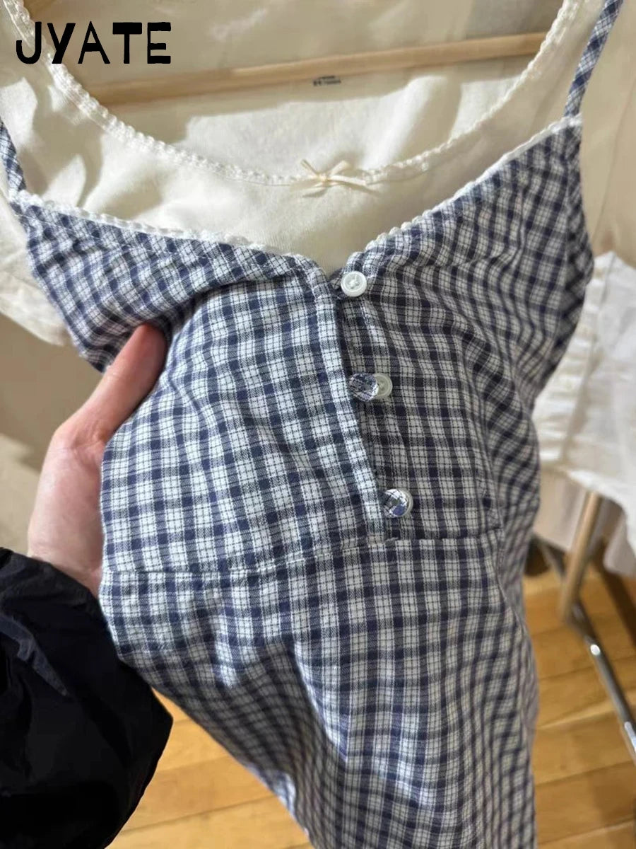 Plaid Print Buttons V-neck Tank Tops Women Summer Casual Simple Preppy Style Sleeveless Vests Vintage American Chic Camisole Y2K