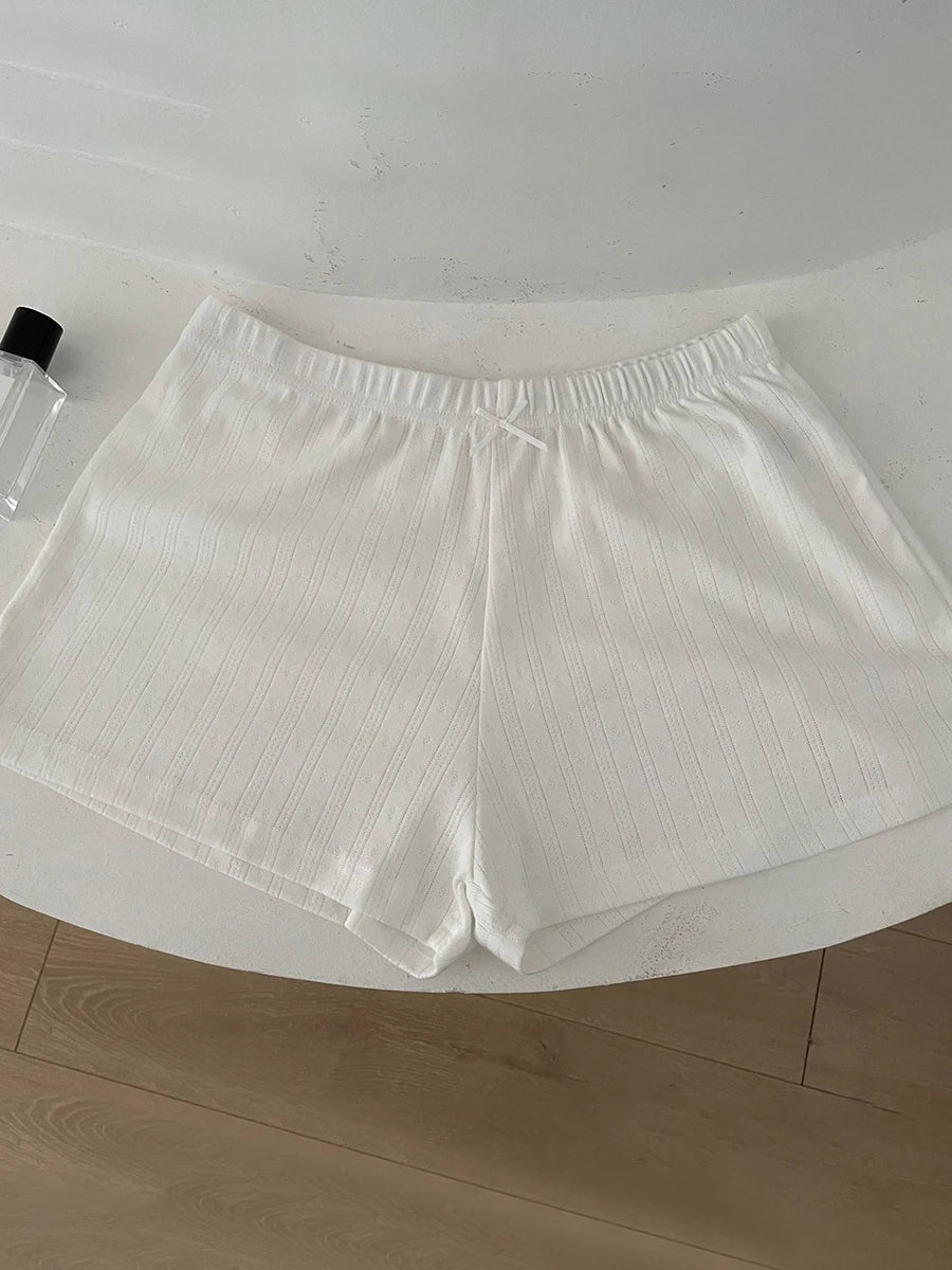 Sweet Eyelet Straight Bow Sweatshorts Women Summer New Elastic Waist Cotton Short Pant Casual Solid Basic Home Pajama Shorts Y2K