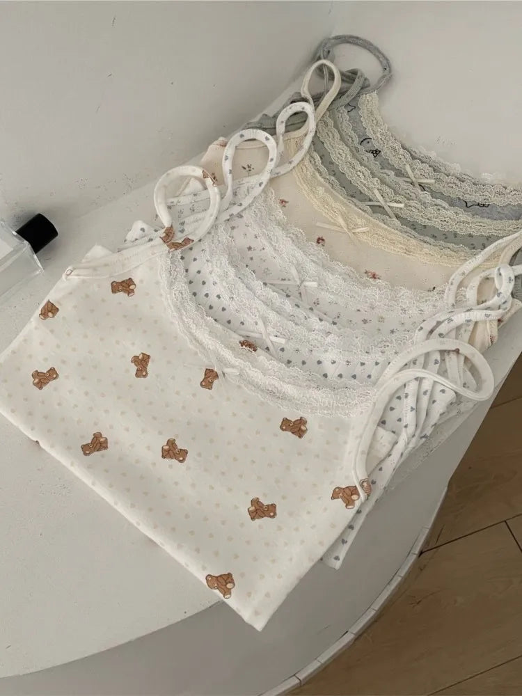 Sweet Floral Lace Trim Eyelet Tank Tops Women New Summer Cotton Bow Slim Preppy Style Cropped Vests Cute Preppy Style Chic Camis