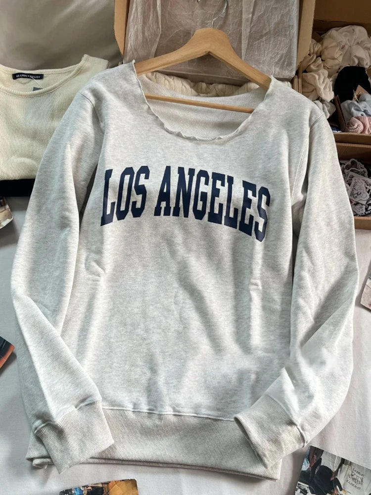 Letter Embroidery Scoop Neck Sweatshirt Women Autumn Streetwear Long Sleeve Cotton Loose Pullover Vintage Oversized Y2K Hoodie