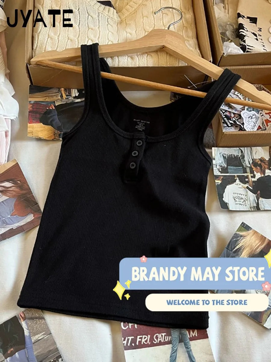 Pink Ribbed Cotton Tank Tops Women Summer New Casual Buttons U-neck Sleeveless Vests Sweet Basic Simple Preppy Style Camis Y2K