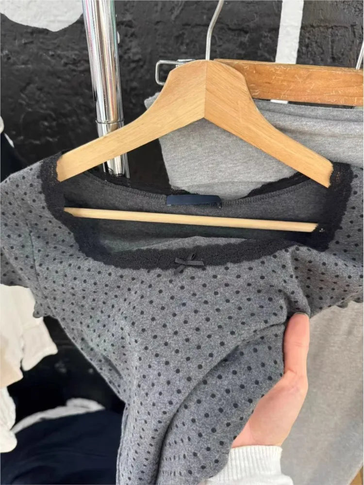 Dot Print Lace Trim Patchwork T-shirts Women New Cotton Casual O-neck Short Sleeve Tees Sweet Preppy Style Cute Tshirt Y2K Tops