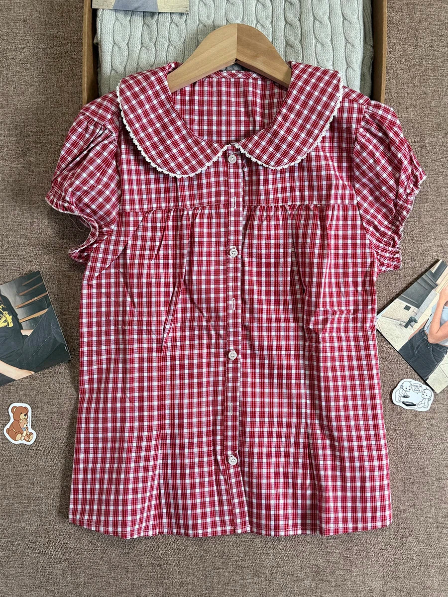 Cute Pink Plaid Peter Pan Collar Blouse Women New Casual Streetwear Buttons Short Sleeve Tee Sweet Preppy Style T-shirts Y2K Top
