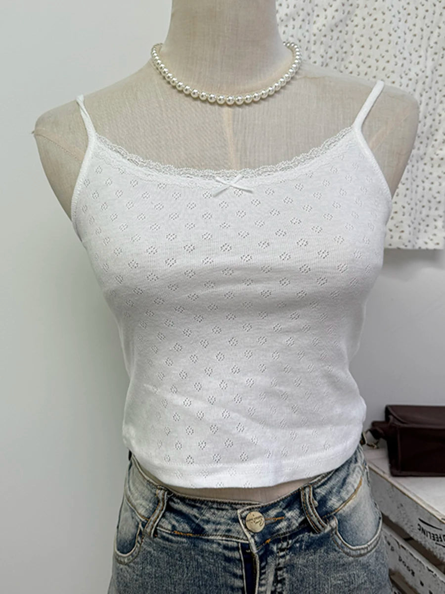 White Eyelet Lace Camisole Women Summer New Casual Streetwear Slim Cotton Sleeveless Tank Tops Sweet Cute Simple Camisole Y2K