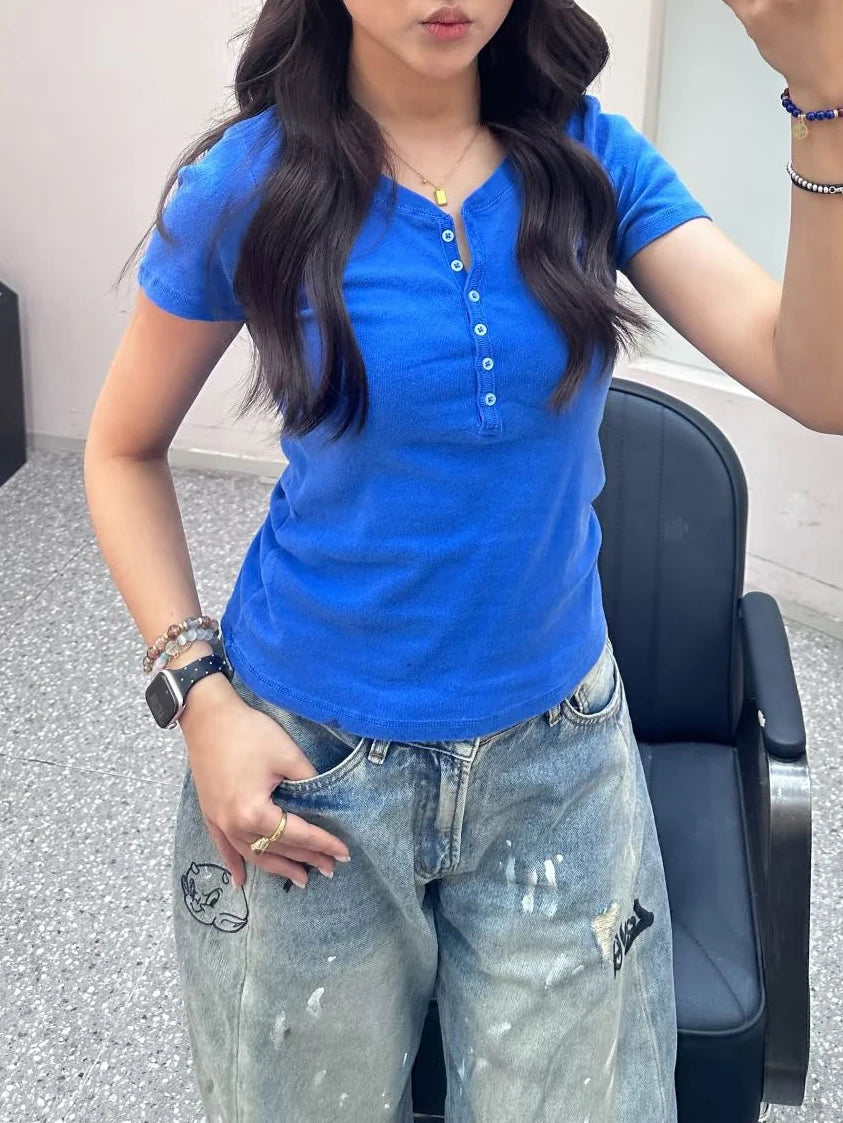 Electric Blue Six Buttons T-shirts Women Summer O-neck Cotton Slim Short Sleeve Tee Tops Female Casual Simple All-match Tshirts