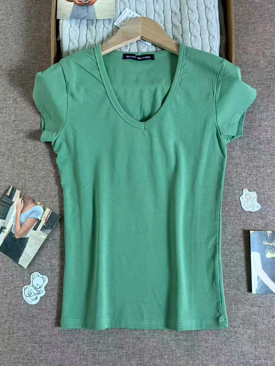 Sweet Gray Lace Trim V-neck Short Sleeve Tee Women New Cotton Casual Simple Slim Tops Clothes Vintage Basic Preppy Style T-shirt