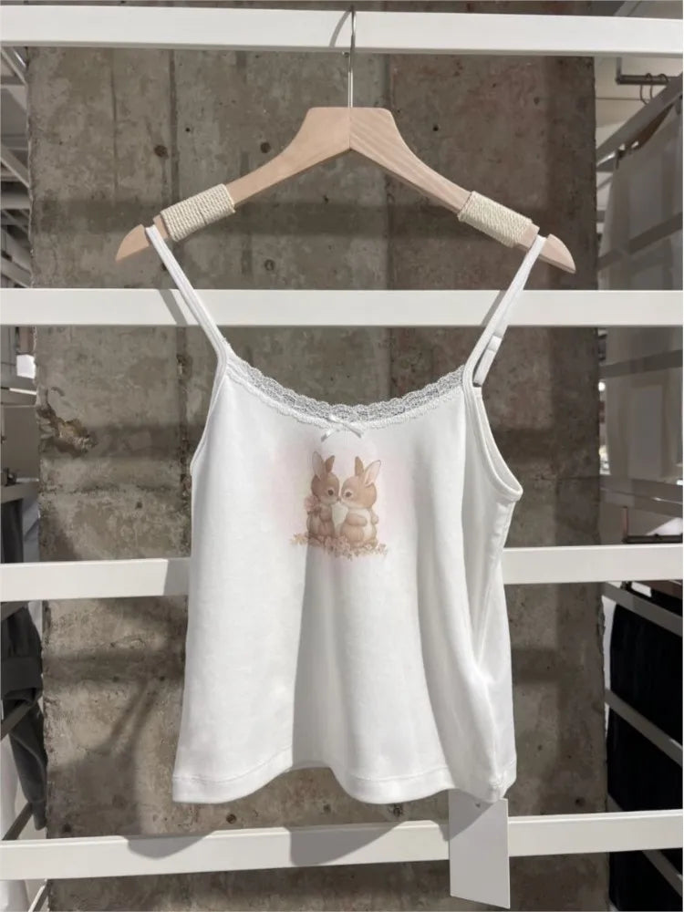 Rabbit Print Slim Tank Top Woman Summer Bow Lace Trim White Cotton Camisole Female Sweet Preppy Style Cute Crop Tops Vest