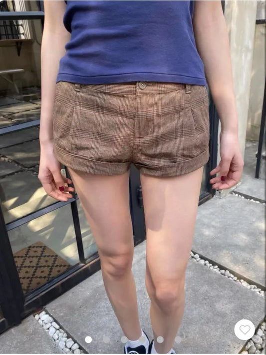 Retro Brown Plaid Button Shorts Women Summer Cotton Casual Loose Elastic High Waist Short Pants Vintage Preppy Style Sweatshort