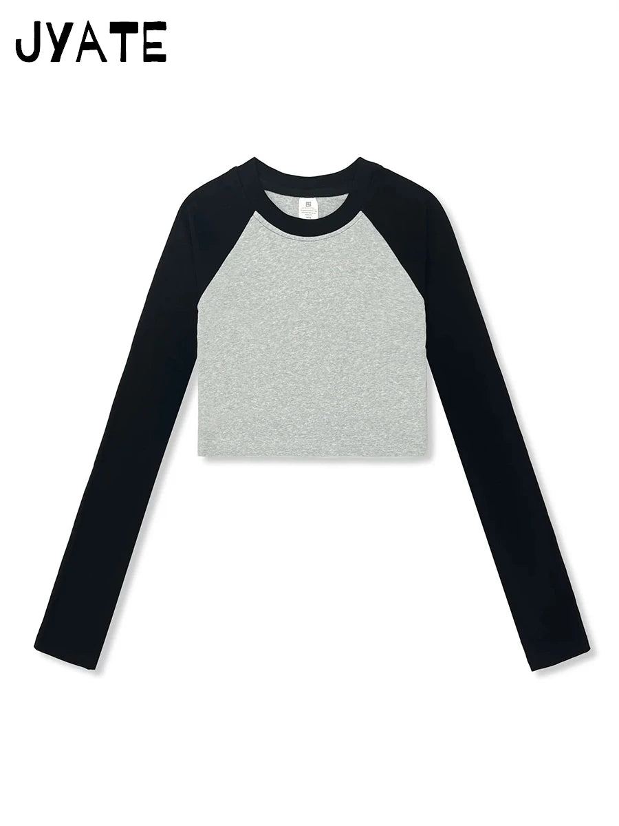 Fashion Ribbed Patchwork Long Sleeve Tees Women New Casual Streetwear Basic Pullover Crop Tops Vintage Preppy Style T-shirts Y2K
