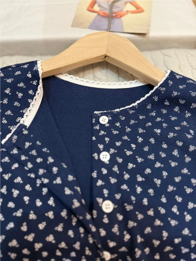 Floral Print Lace Trim Navy T-shirts Cardigan Women Autumn Single Breasted Cotton Long Sleeve Tees Sweet Cute Preppy Style Tops