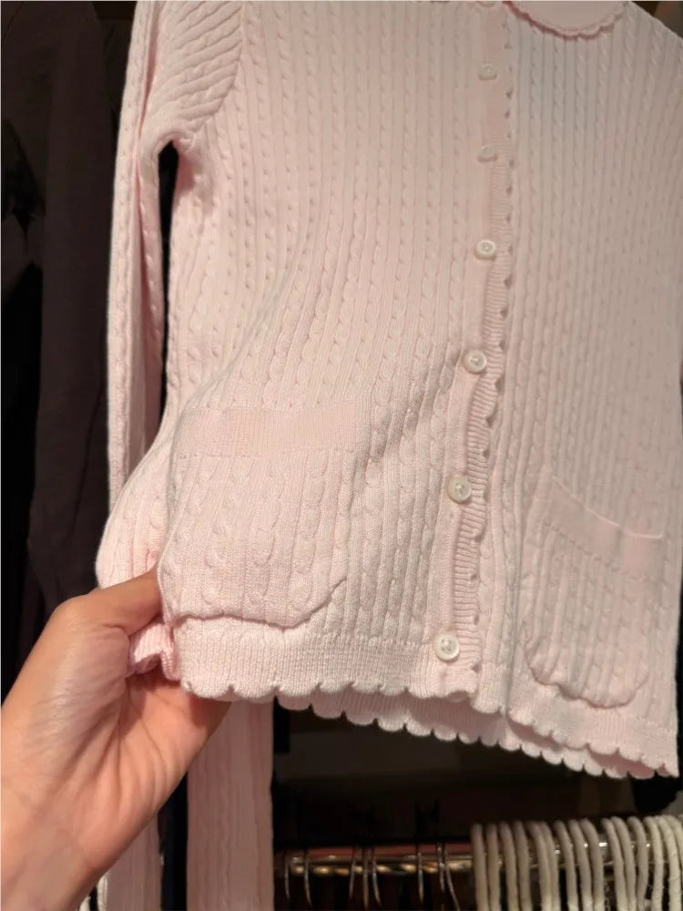 Babydoll Collar Pink Twist Cardigan Women Autumn New Lace Trim Cotton Buttons Knitted Jumper Sweet Cute Preppy Style Sweater Y2K