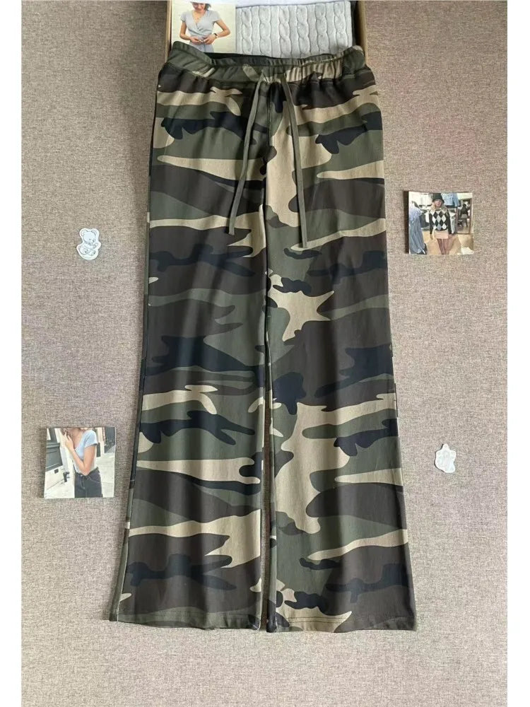 Camouflage Drawstring Joggers Sweatpants Women Streetwear Casual High Waist Wide Leg Pants Vintage Preppy Style Loose Trousers