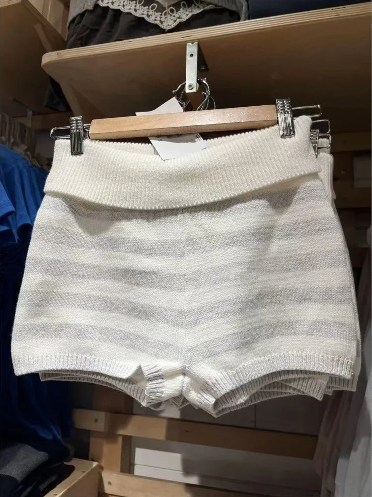 Flanging Knit Shorts Women Spring Elastic Waist Cotton Striped Straight Short Pants Sweet Home Underwear Y2K Sweatshorts
