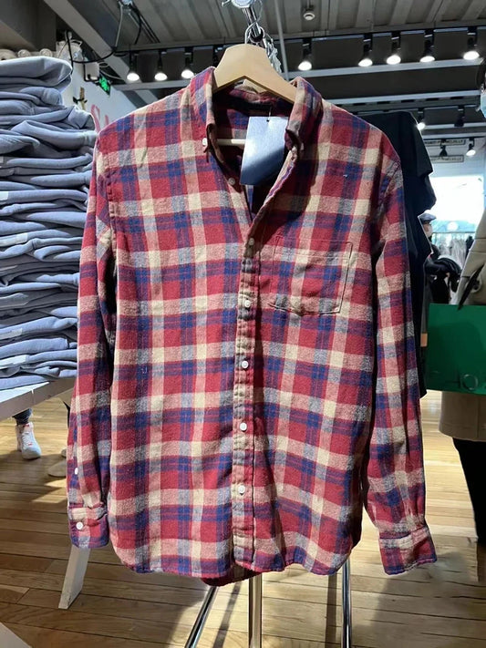 Chic Red Plaid Pocket Cotton Shirts Autumn Turn Down Collar Single-Breasted Cozy Loose Blouse Vintage Streetwear Oversized Tee