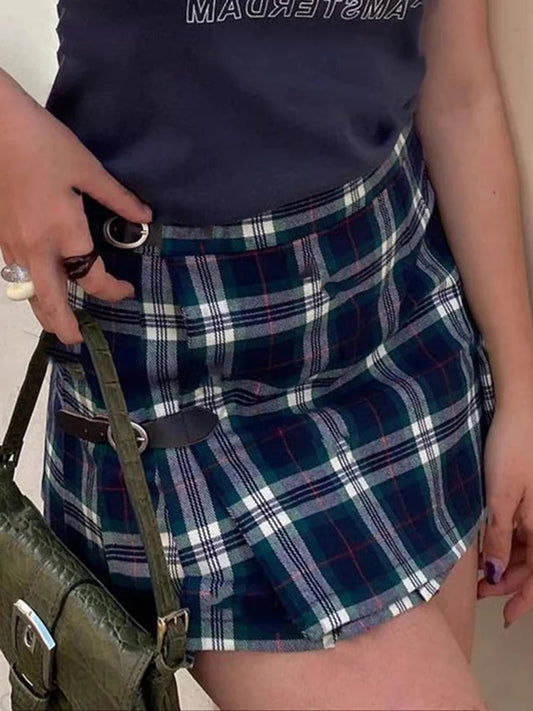 Vintage Preppy Plaid Low Waist Mini Skirt Women Streetwear Aestjetic Chic Sexy Buckle Pleated Skirts Retro Sweet Cute Faldas Y2K
