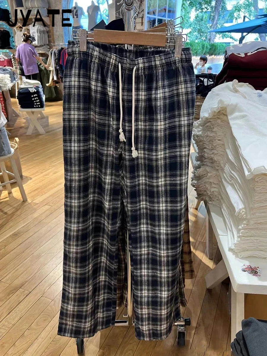 Fashion Blue Striped Drawstring Straight Sport Pants Women New Chic Elastic High Waist Long Pant Casual Sweet Loose Trousers Y2K