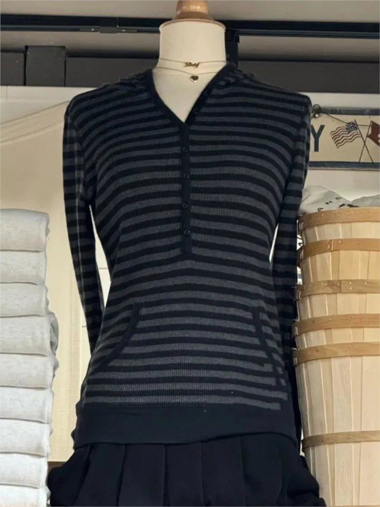 New Waffle Hooded T-shirt Women Casual Button Cotton Slim Long Sleeve Tee Shirt Vintage American Preppy Style Tshirt Y2k