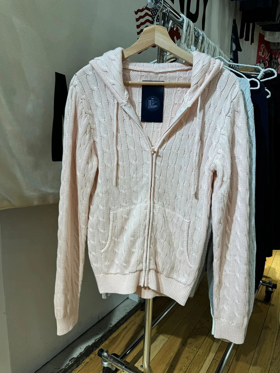 Simple Solid Twisted Flower Knit Cardigan Sweater Women Autumn Long Sleeve Pocket Hooded Zipper Coat Sweet Preppy Style Knitwear