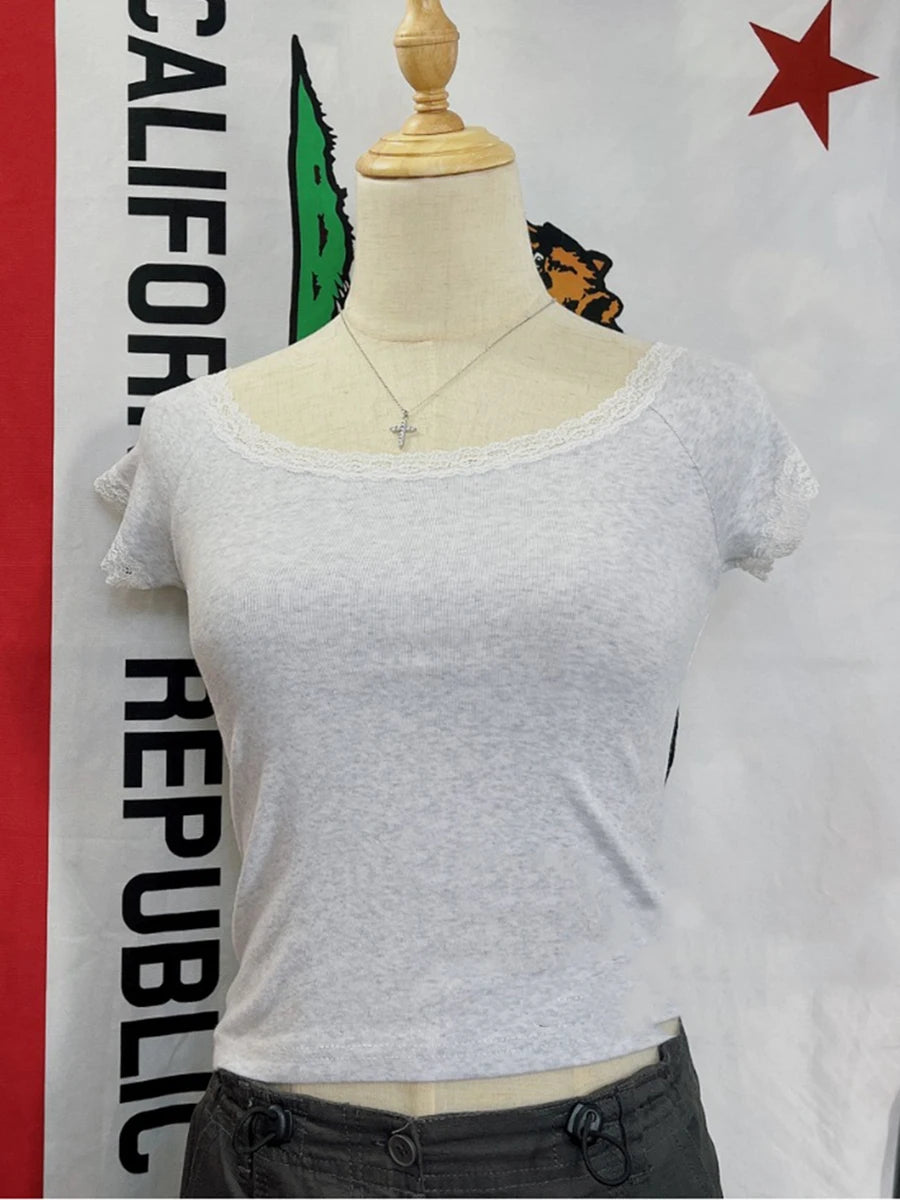Blue Lace Trim Slim Slash Neck T-shirts Female New Cotton Casual Simple Short Sleeve Tees Vintage Chic Sweet Tops Women Clothes
