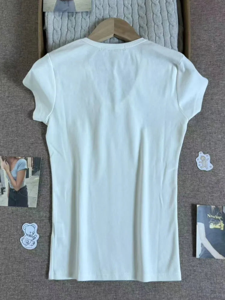 Solid V-neck Short Sleeve Tees Women Casual Streetwear Slim Cotton Tops Clothes Simple Basic Preppy Style T-shirts Y2K