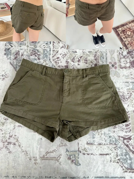 Vintage Army Green Cargo Shorts Women Summer Cotton Casual Loose Pocket Button Short Pants Fashion Streetwear Y2K Sweatshort