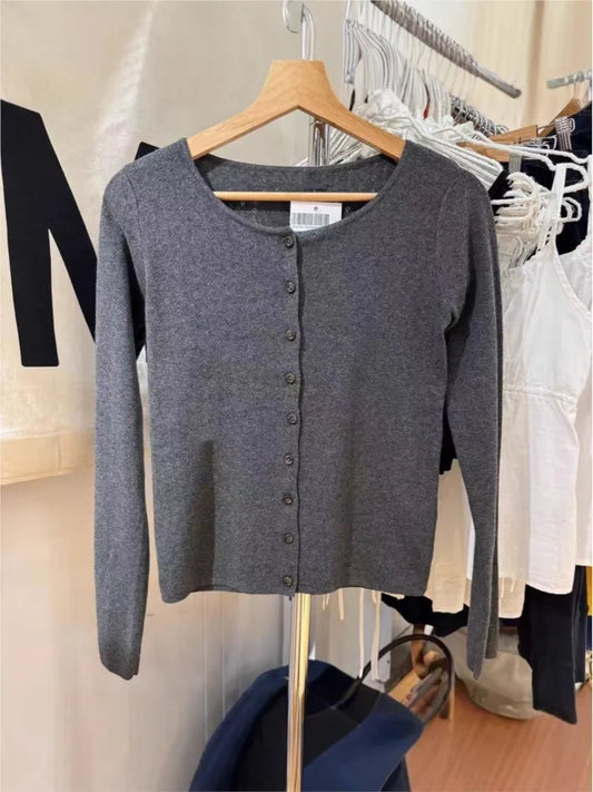 Eyelet Drak Gray Cotton Cardigan Women Autumn Casual Streetwear  Buttons Knitted Long Sleeve Tees Simple Sweet Basic Tops New