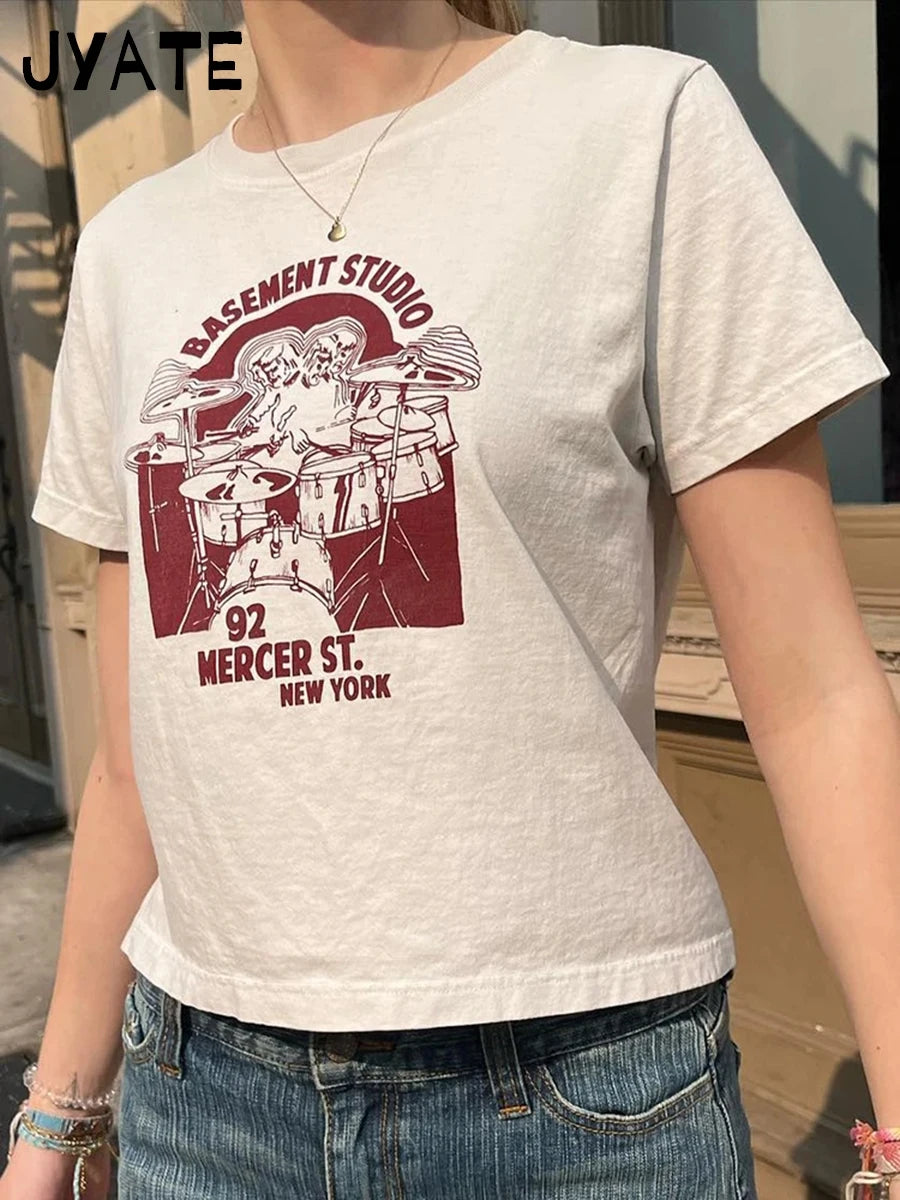 Classic Drum set Print O-neck Short Sleeve Tees Women New Harajuku Cotton Casual Slim Crop Tops Vintage Sweet Chic Y2K T-shirts